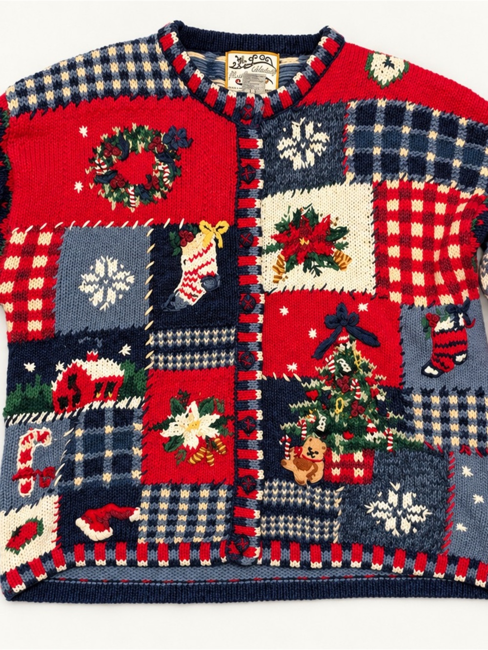 Heirloom Collectibles Christmas Patchwork Cardigan Sweater L Vintage